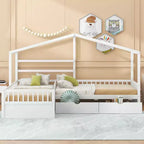 Lit superposé d'angle en L pour 2 enfants, lit plateforme double en forme de maison avec 3 tiroirs de rangement, lits superposés doubles en bois avec clôture et toit