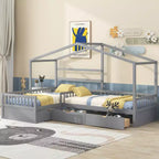 Lit superposé d'angle en L pour 2 enfants, lit plateforme double en forme de maison avec 3 tiroirs de rangement, lits superposés doubles en bois avec clôture et toit