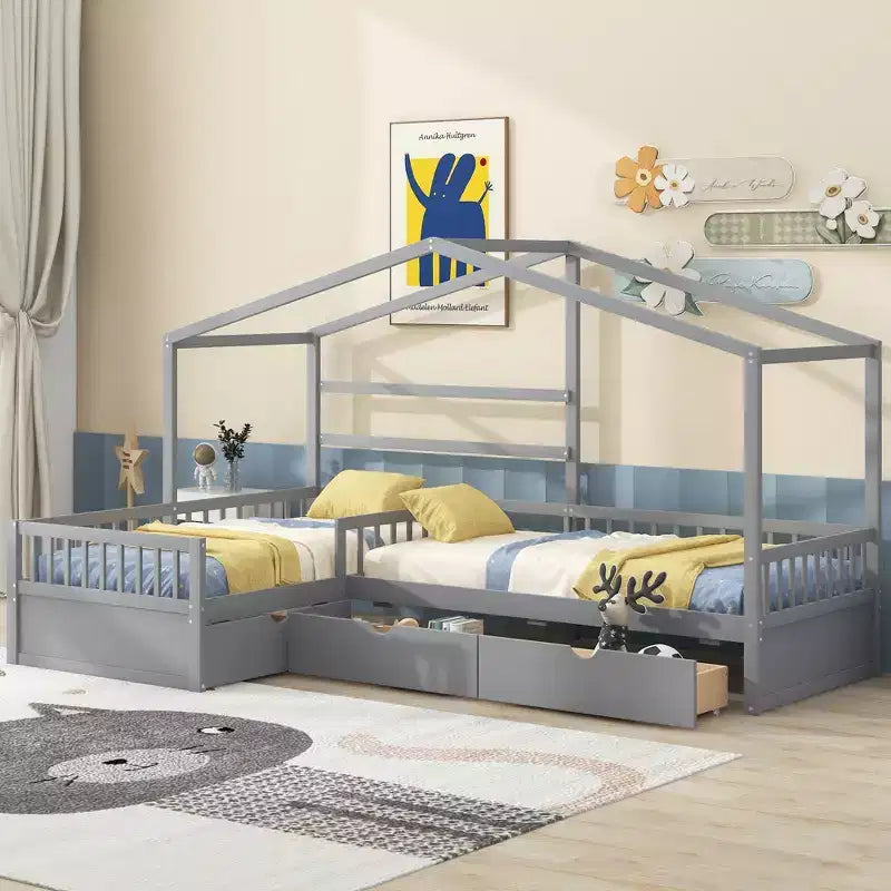 Lit superposé d'angle en L pour 2 enfants, lit plateforme double en forme de maison avec 3 tiroirs de rangement, lits superposés doubles en bois avec clôture et toit