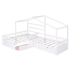 Lit superposé d'angle en L pour 2 enfants, lit plateforme double en forme de maison avec 3 tiroirs de rangement, lits superposés doubles en bois avec clôture et toit