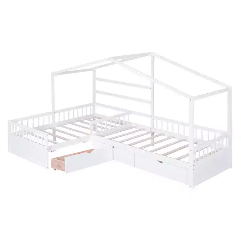 Lit superposé d'angle en L pour 2 enfants, lit plateforme double en forme de maison avec 3 tiroirs de rangement, lits superposés doubles en bois avec clôture et toit