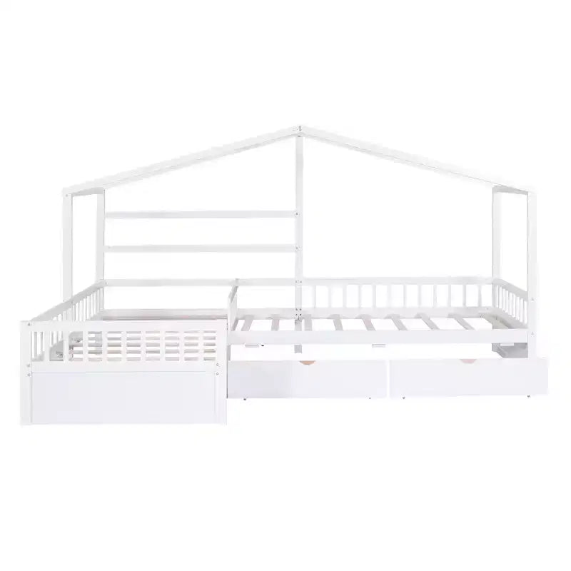 Lit superposé d'angle en L pour 2 enfants, lit plateforme double en forme de maison avec 3 tiroirs de rangement, lits superposés doubles en bois avec clôture et toit