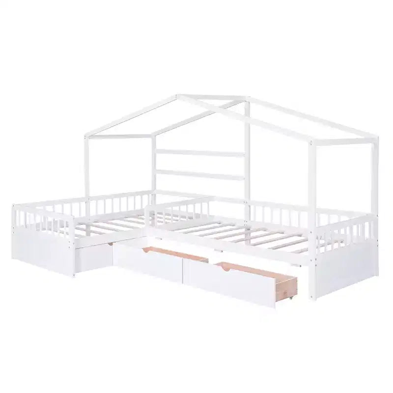 Lit superposé d'angle en L pour 2 enfants, lit plateforme double en forme de maison avec 3 tiroirs de rangement, lits superposés doubles en bois avec clôture et toit