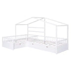 Lit superposé d'angle en L pour 2 enfants, lit plateforme double en forme de maison avec 3 tiroirs de rangement, lits superposés doubles en bois avec clôture et toit