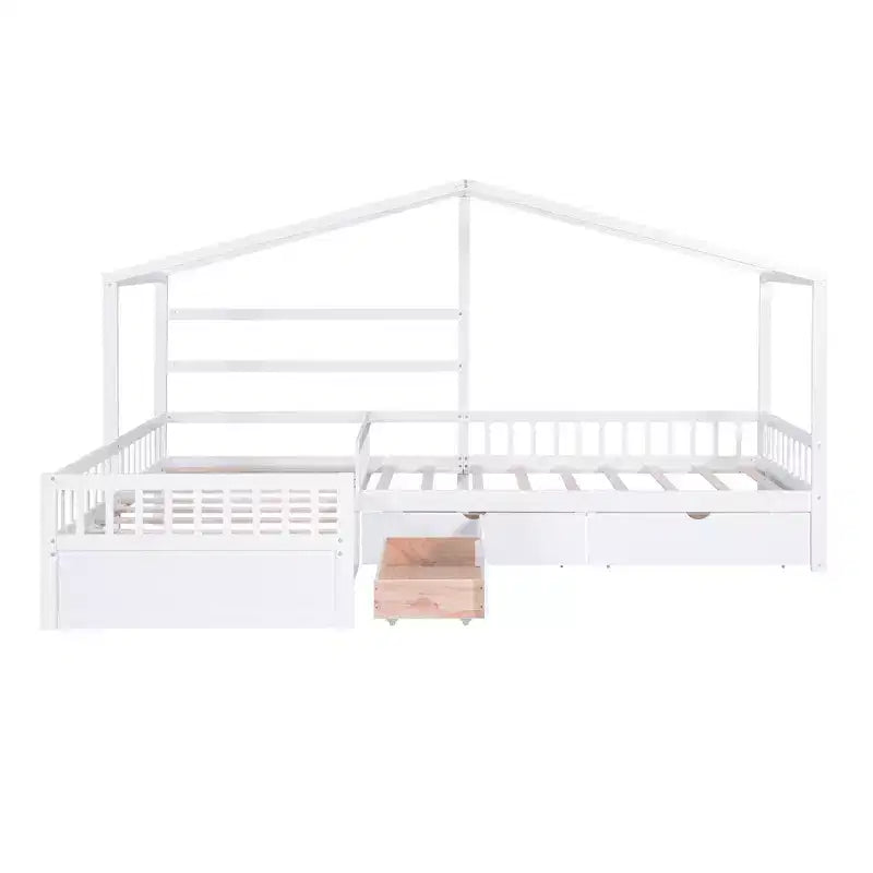 Lit superposé d'angle en L pour 2 enfants, lit plateforme double en forme de maison avec 3 tiroirs de rangement, lits superposés doubles en bois avec clôture et toit