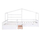 Lit superposé d'angle en L pour 2 enfants, lit plateforme double en forme de maison avec 3 tiroirs de rangement, lits superposés doubles en bois avec clôture et toit