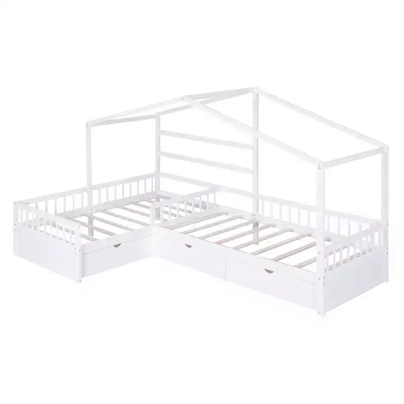 Lit superposé d'angle en L pour 2 enfants, lit plateforme double en forme de maison avec 3 tiroirs de rangement, lits superposés doubles en bois avec clôture et toit