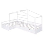 Lit superposé d'angle en L pour 2 enfants, lit plateforme double en forme de maison avec 3 tiroirs de rangement, lits superposés doubles en bois avec clôture et toit