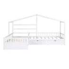 Lit superposé d'angle en L pour 2 enfants, lit plateforme double en forme de maison avec 3 tiroirs de rangement, lits superposés doubles en bois avec clôture et toit