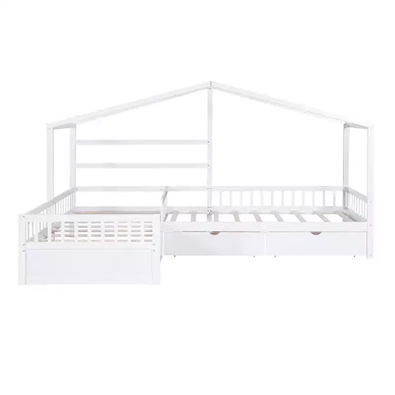 Lit superposé d'angle en L pour 2 enfants, lit plateforme double en forme de maison avec 3 tiroirs de rangement, lits superposés doubles en bois avec clôture et toit