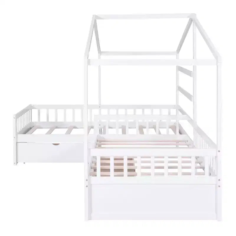Lit superposé d'angle en L pour 2 enfants, lit plateforme double en forme de maison avec 3 tiroirs de rangement, lits superposés doubles en bois avec clôture et toit