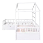 Lit superposé d'angle en L pour 2 enfants, lit plateforme double en forme de maison avec 3 tiroirs de rangement, lits superposés doubles en bois avec clôture et toit