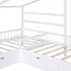 Lit superposé d'angle en L pour 2 enfants, lit plateforme double en forme de maison avec 3 tiroirs de rangement, lits superposés doubles en bois avec clôture et toit