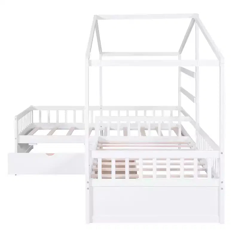 Lit superposé d'angle en L pour 2 enfants, lit plateforme double en forme de maison avec 3 tiroirs de rangement, lits superposés doubles en bois avec clôture et toit