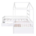 Lit superposé d'angle en L pour 2 enfants, lit plateforme double en forme de maison avec 3 tiroirs de rangement, lits superposés doubles en bois avec clôture et toit