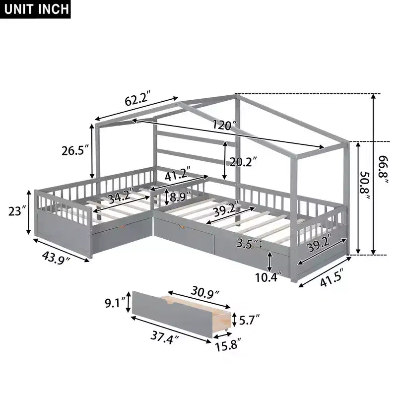 Lit superposé d'angle en L pour 2 enfants, lit plateforme double en forme de maison avec 3 tiroirs de rangement, lits superposés doubles en bois avec clôture et toit