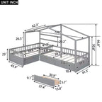 Lit superposé d'angle en L pour 2 enfants, lit plateforme double en forme de maison avec 3 tiroirs de rangement, lits superposés doubles en bois avec clôture et toit