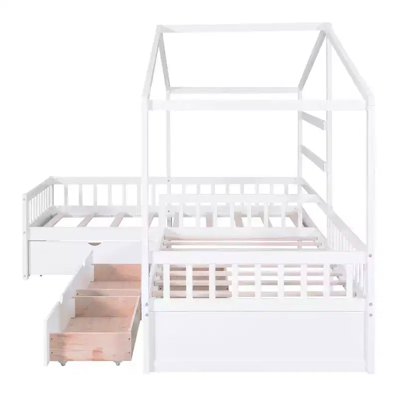 Lit superposé d'angle en L pour 2 enfants, lit plateforme double en forme de maison avec 3 tiroirs de rangement, lits superposés doubles en bois avec clôture et toit