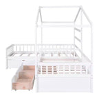 Lit superposé d'angle en L pour 2 enfants, lit plateforme double en forme de maison avec 3 tiroirs de rangement, lits superposés doubles en bois avec clôture et toit
