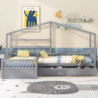 Lit superposé d'angle en L pour 2 enfants, lit plateforme double en forme de maison avec 3 tiroirs de rangement, lits superposés doubles en bois avec clôture et toit