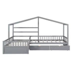 Lit superposé d'angle en L pour 2 enfants, lit plateforme double en forme de maison avec 3 tiroirs de rangement, lits superposés doubles en bois avec clôture et toit