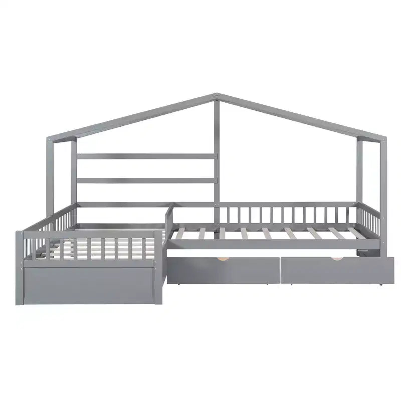 Lit superposé d'angle en L pour 2 enfants, lit plateforme double en forme de maison avec 3 tiroirs de rangement, lits superposés doubles en bois avec clôture et toit