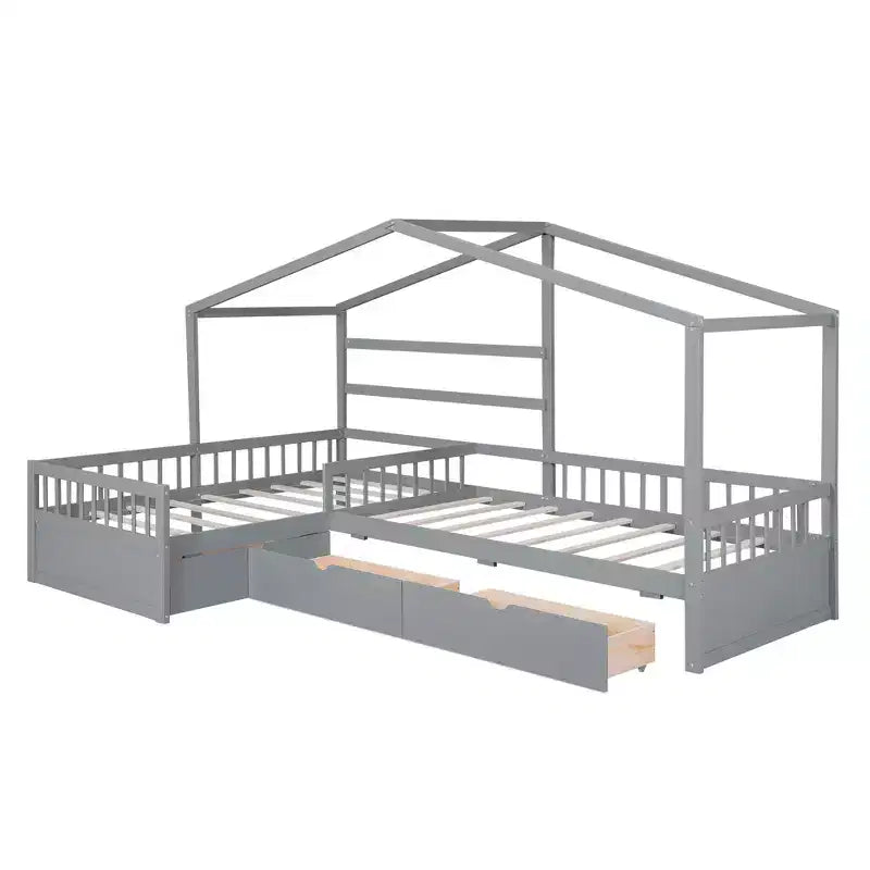 Lit superposé d'angle en L pour 2 enfants, lit plateforme double en forme de maison avec 3 tiroirs de rangement, lits superposés doubles en bois avec clôture et toit