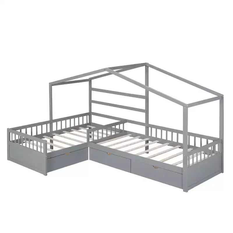 Lit superposé d'angle en L pour 2 enfants, lit plateforme double en forme de maison avec 3 tiroirs de rangement, lits superposés doubles en bois avec clôture et toit