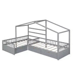 Lit superposé d'angle en L pour 2 enfants, lit plateforme double en forme de maison avec 3 tiroirs de rangement, lits superposés doubles en bois avec clôture et toit