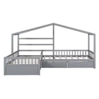 Lit superposé d'angle en L pour 2 enfants, lit plateforme double en forme de maison avec 3 tiroirs de rangement, lits superposés doubles en bois avec clôture et toit