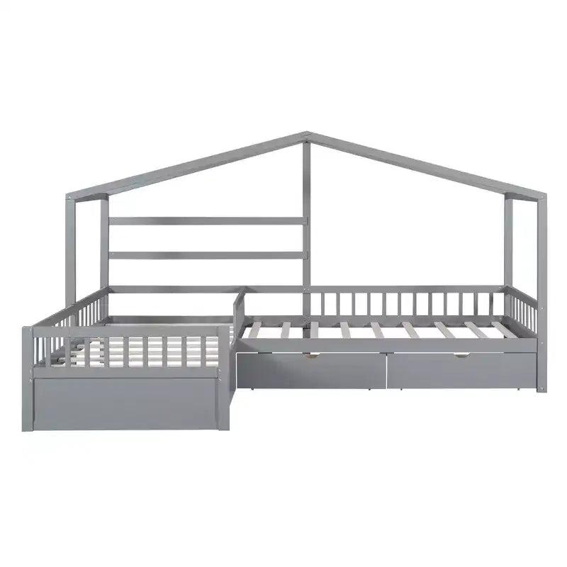 Lit superposé d'angle en L pour 2 enfants, lit plateforme double en forme de maison avec 3 tiroirs de rangement, lits superposés doubles en bois avec clôture et toit