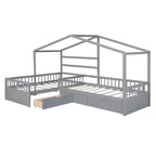 Lit superposé d'angle en L pour 2 enfants, lit plateforme double en forme de maison avec 3 tiroirs de rangement, lits superposés doubles en bois avec clôture et toit