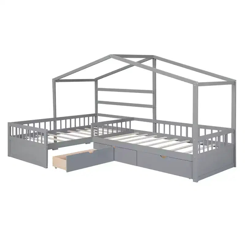 Lit superposé d'angle en L pour 2 enfants, lit plateforme double en forme de maison avec 3 tiroirs de rangement, lits superposés doubles en bois avec clôture et toit