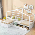 Lit superposé d'angle en L pour 2 enfants, lit plateforme double en forme de maison avec 3 tiroirs de rangement, lits superposés doubles en bois avec clôture et toit