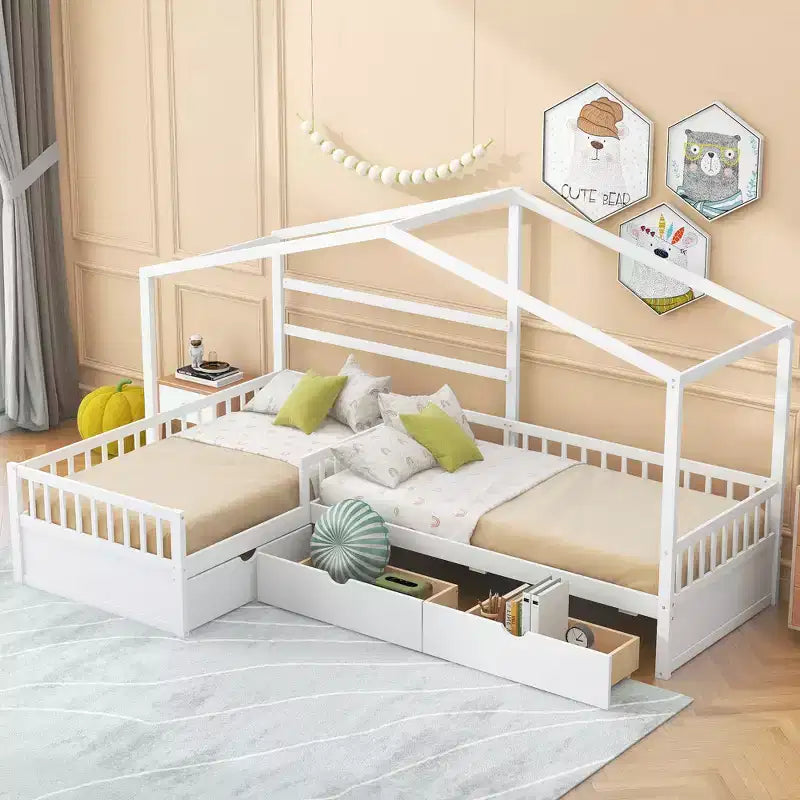 Lit superposé d'angle en L pour 2 enfants, lit plateforme double en forme de maison avec 3 tiroirs de rangement, lits superposés doubles en bois avec clôture et toit