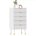 Commode à cinq tiroirs avec poignées et pieds en métal, idéale pour la chambre, le salon, le couloir et l'entrée.
