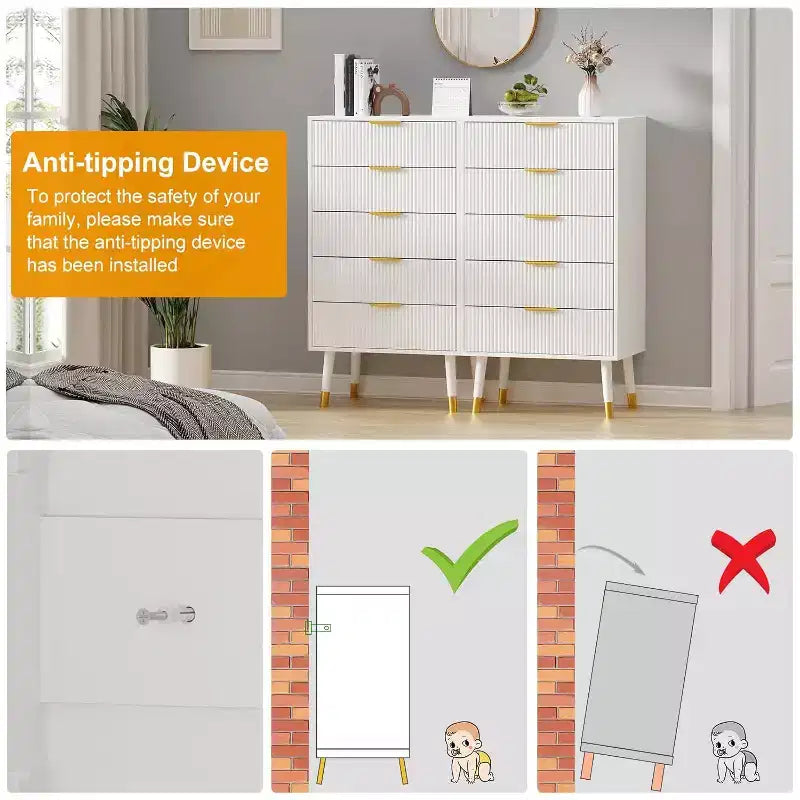 Commode à cinq tiroirs avec poignées et pieds en métal, idéale pour la chambre, le salon, le couloir et l'entrée.
