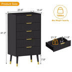 Commode à cinq tiroirs avec poignées et pieds en métal, idéale pour la chambre, le salon, le couloir et l'entrée.