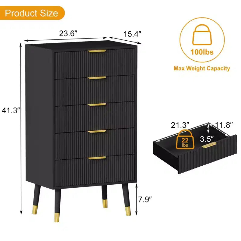 Commode à cinq tiroirs avec poignées et pieds en métal, idéale pour la chambre, le salon, le couloir et l'entrée.