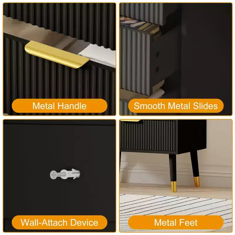 Commode à cinq tiroirs avec poignées et pieds en métal, idéale pour la chambre, le salon, le couloir et l'entrée.