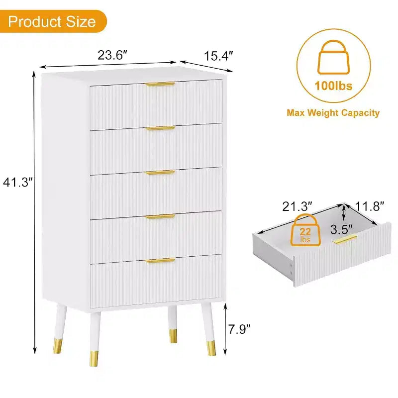 Commode à cinq tiroirs avec poignées et pieds en métal, idéale pour la chambre, le salon, le couloir et l'entrée.