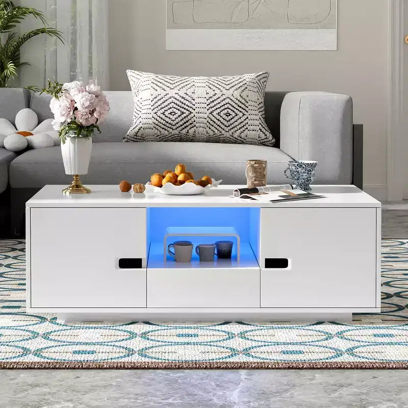 Table basse rectangulaire moderne Bestier, brillante et élégante, avec espace de rangement et 16 couleurs de lumières LED pour le salon