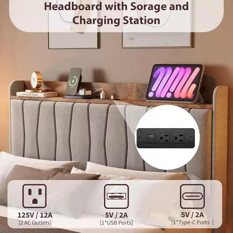 Cadre de lit plateforme moderne suspendu et rembourré avec lumières LED et prises, tête de lit, support en lattes de bois robustes, silencieux et facile à assembler