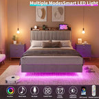 Cadre de lit plateforme moderne suspendu et rembourré avec lumières LED et prises, tête de lit, support en lattes de bois robustes, silencieux et facile à assembler