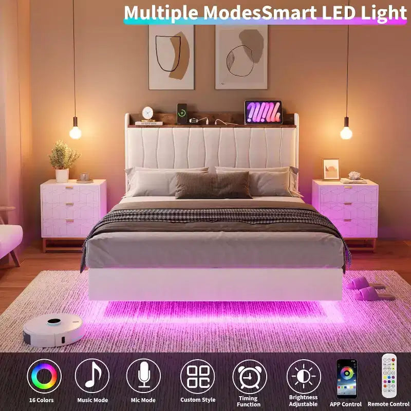 Cadre de lit plateforme moderne suspendu et rembourré avec lumières LED et prises, tête de lit, support en lattes de bois robustes, silencieux et facile à assembler