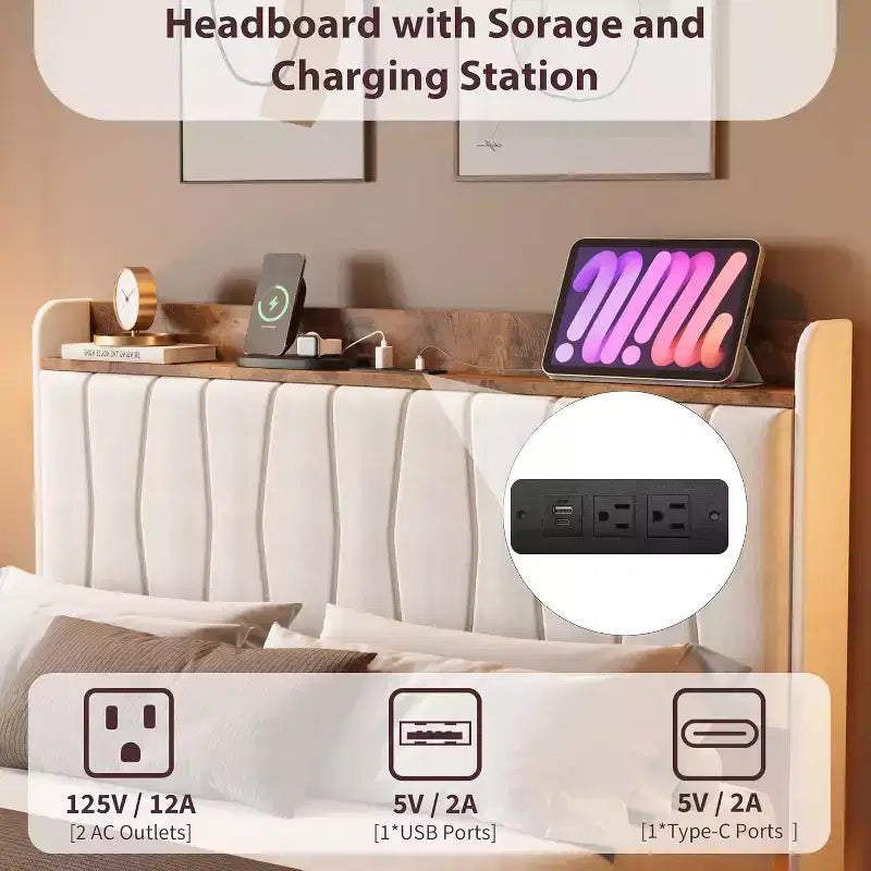 Cadre de lit plateforme moderne suspendu et rembourré avec lumières LED et prises, tête de lit, support en lattes de bois robustes, silencieux et facile à assembler