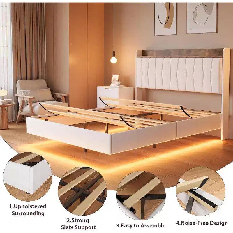 Cadre de lit plateforme moderne suspendu et rembourré avec lumières LED et prises, tête de lit, support en lattes de bois robustes, silencieux et facile à assembler