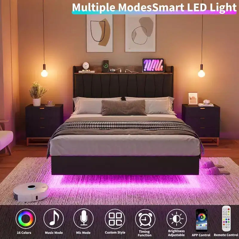 Cadre de lit plateforme moderne suspendu et rembourré avec lumières LED et prises, tête de lit, support en lattes de bois robustes, silencieux et facile à assembler