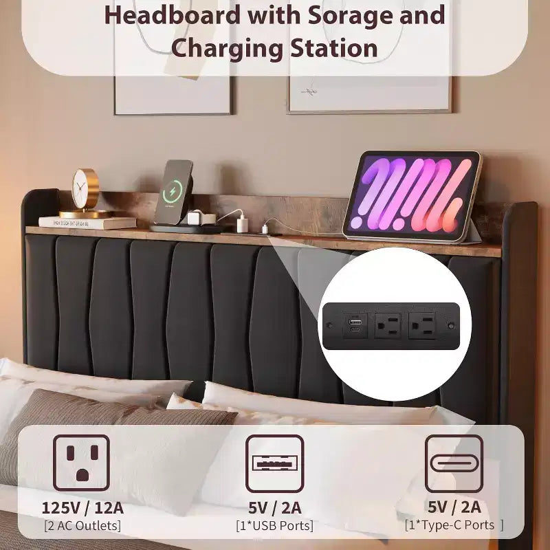 Cadre de lit plateforme moderne suspendu et rembourré avec lumières LED et prises, tête de lit, support en lattes de bois robustes, silencieux et facile à assembler