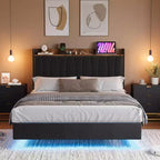Cadre de lit plateforme moderne suspendu et rembourré avec lumières LED et prises, tête de lit, support en lattes de bois robustes, silencieux et facile à assembler